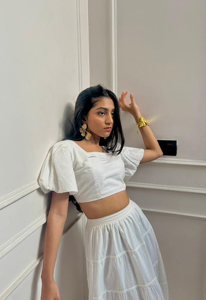 White bubble sleeve crop top with skirt