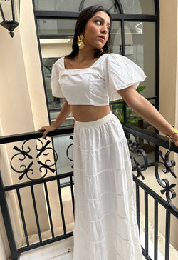 White bubble sleeve crop top with skirt