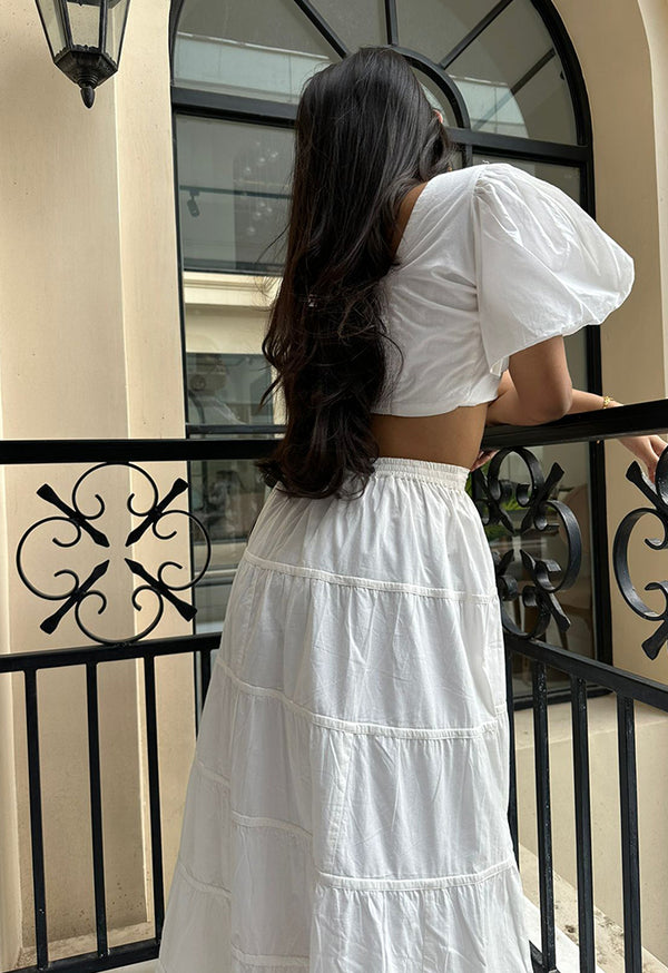 White bubble sleeve crop top with skirt