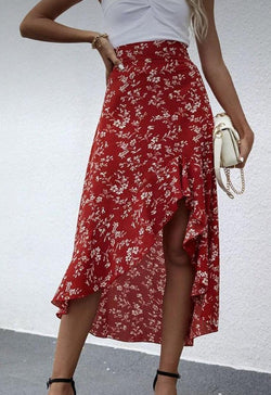 Ruffled Red Floral Midi Skirt.