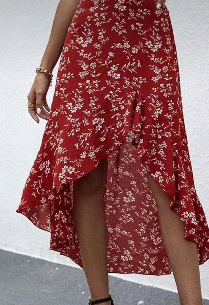 Ruffled Red Floral Midi Skirt.