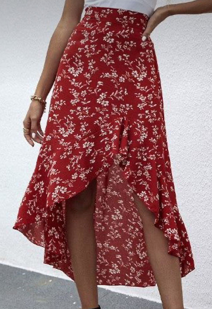 Ruffled Red Floral Midi Skirt.