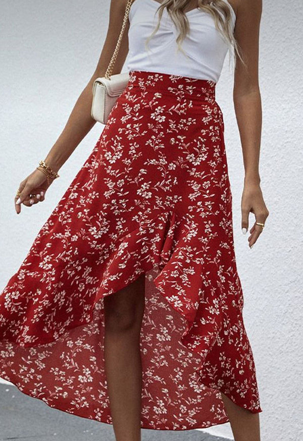 Ruffled Red Floral Midi Skirt.