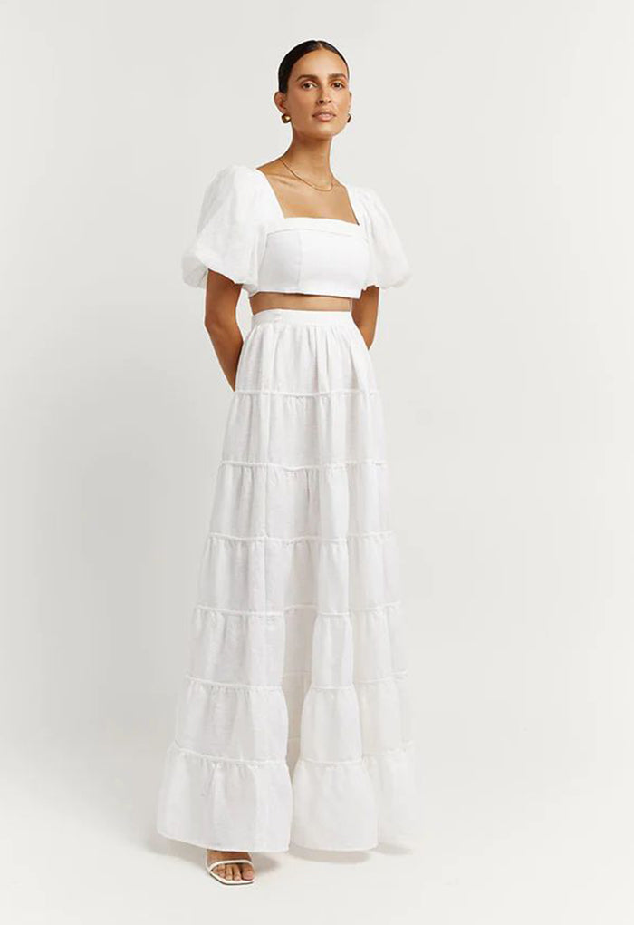 White bubble sleeve crop top with skirt